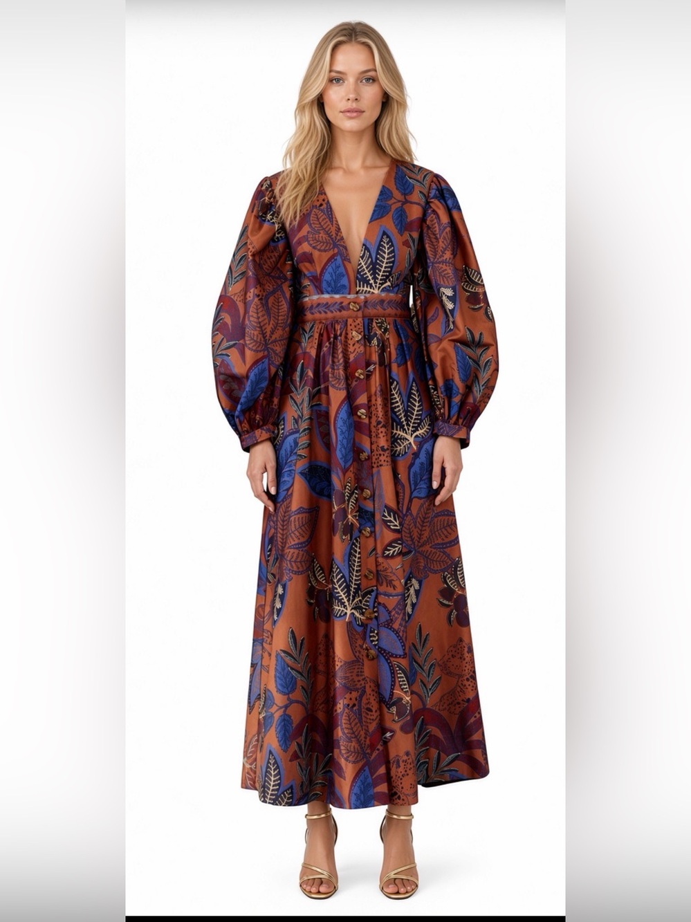 Farm Rio Women's Rust Floral Midi Dress with Blue & Red Print